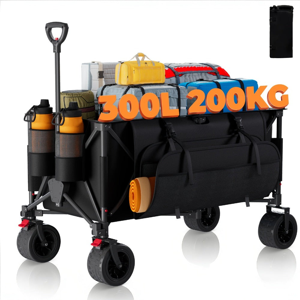 Carro plegable todoterreno de alta resistencia de 300L, carro profesional con certificación GS, ruedas de PU de 17cm con frenos, lona duradera gris oscuro Jet Black, plegable para sitios de construcción/camping, carro profesional