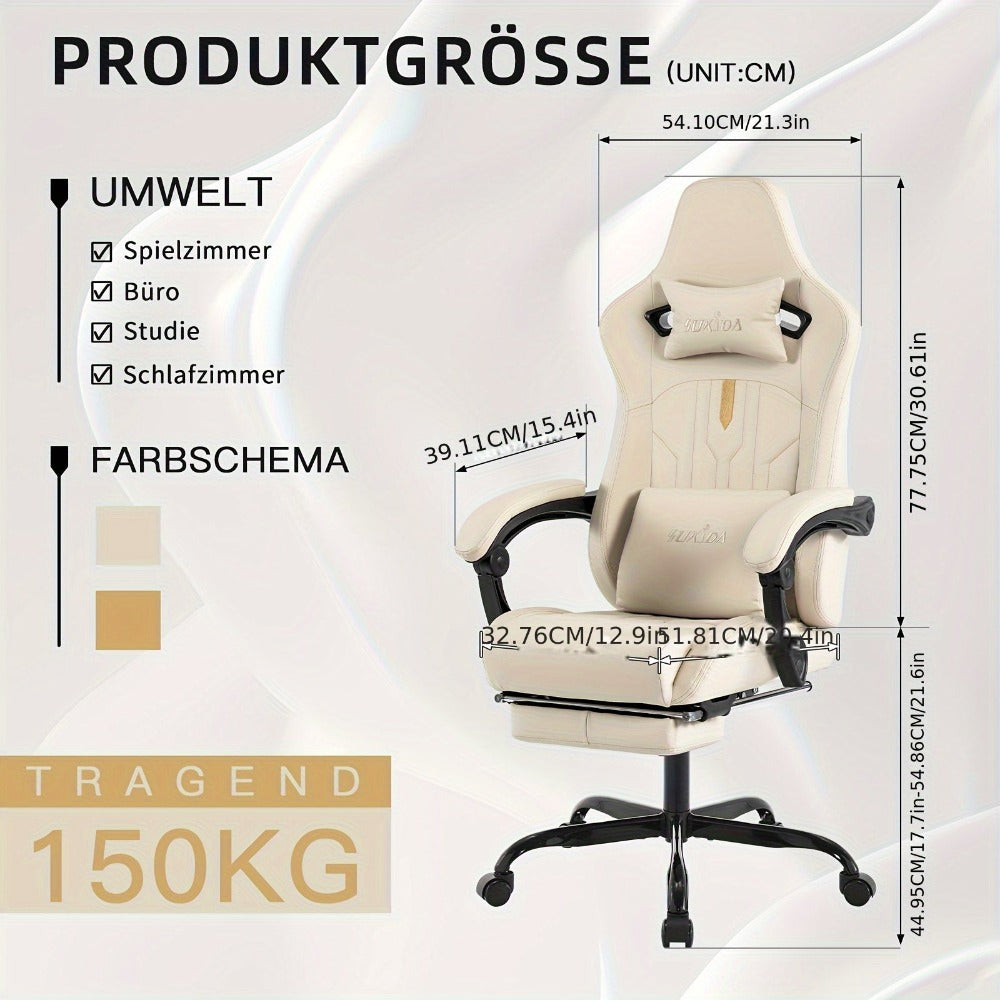 Silla de Juego y Oficina, Silla de Computadora con Reposapiés, Reposacabezas y Soporte Lumbar, Silla Ergonómica, Silla Giratoria y Ajustable en Altura, Opciones en Gris, Beige, , Marrón y Verde