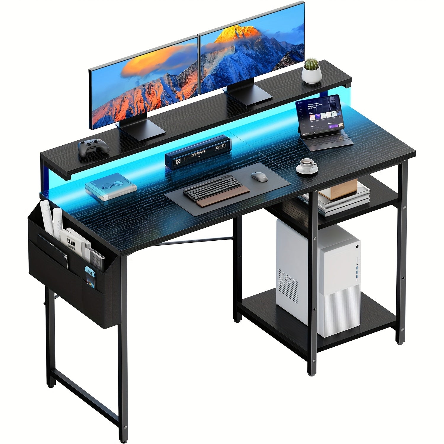 Escritorio FRODROVIA con Luz LED y Estante Ajustable en Altura, Escritorio para Oficina en Casa con Soporte para Monitor, Escritorio de Esquina con Bolsa de Almacenamiento Grande para Oficina en Casa, Estudio, Regalos de Navidad/Acción de Gracias