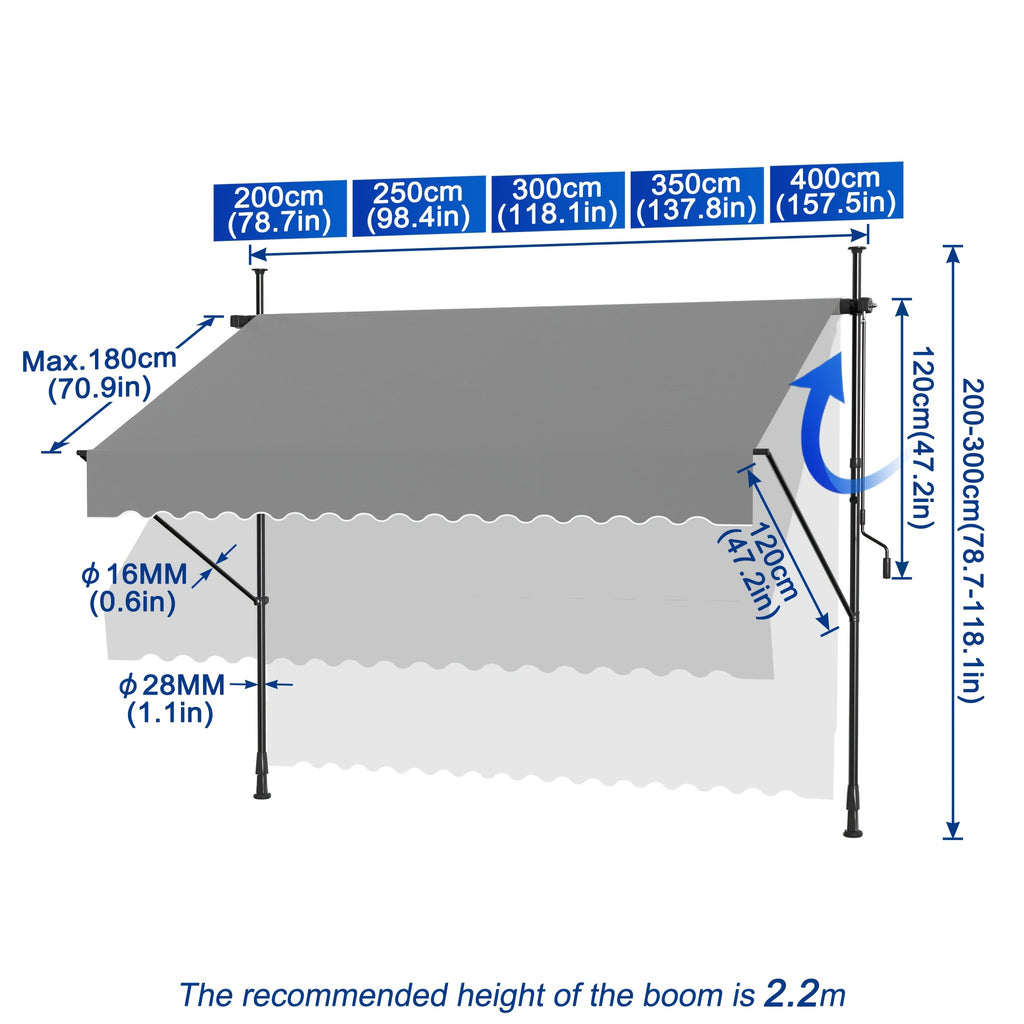 Funda para toldo de balcón con abrazadera, cubierta para toldo de balcón con manivela, sin perforación, altura ajustable para balcón y jardín
