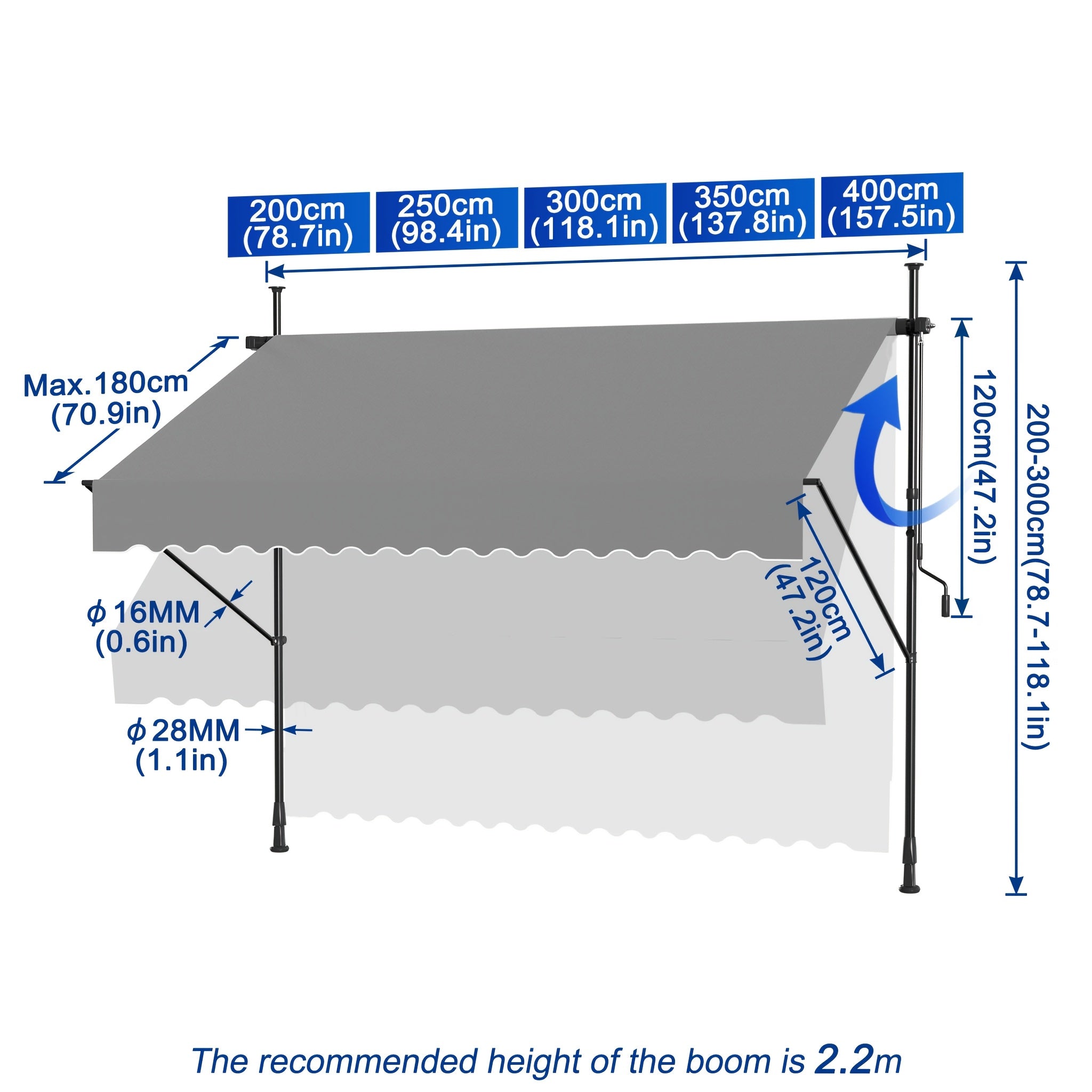 Funda para toldo de balcón con abrazadera, cubierta para toldo de balcón con manivela, sin perforación, altura ajustable para balcón y jardín