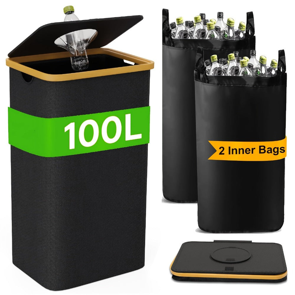 Cubo de Reciclaje Plegable de 100L y 70L, Material de Nylon 900D, con Bolsa Extraíble - Organizador de Basura de Tela Oxford Negra de Gran Capacidad, para Reciclaje de Vidrio, Plástico, Metal y Botellas Vacías, Almacenamiento para Cocina y Lavandería