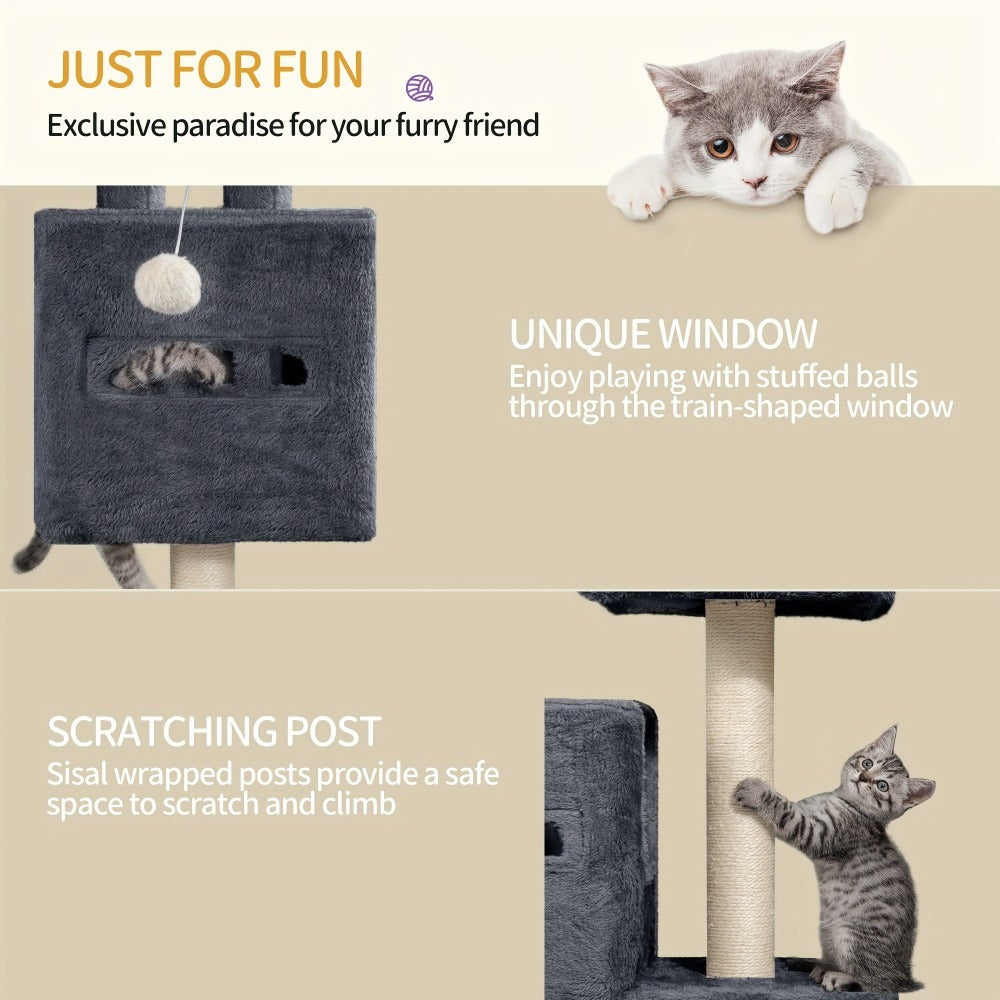 Árbol para Gatos de 98 cm, Árbol Pequeño con Perchas, Múltiples Niveles, Casa para Gatos con 2 Cuevas, Poste Rascador de Sisal y Hamaca