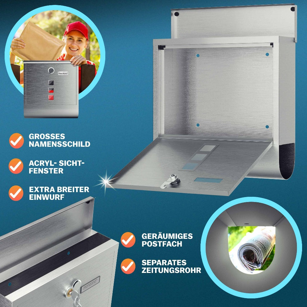 Buzón MONZANA® con Cerradura Cruzada, Cilindro de Cobre, Tapa Giratoria, 31x10x34 cm, Ventana de Visualización, Placa de Identificación, Compartimento para Periódicos, Fácil Instalación, Acero Aleado, 2 Llaves, Caja de Correo