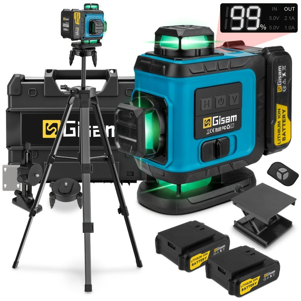 Nivel láser láser verde 4D multifuncional Gisam de 16 líneas con trípode y control por aplicación, autonivelante 360° con líneas cruzadas horizontales y verticales, alimentado por USB y batería, incluye estuche de transporte, haz superpotente, diseño port