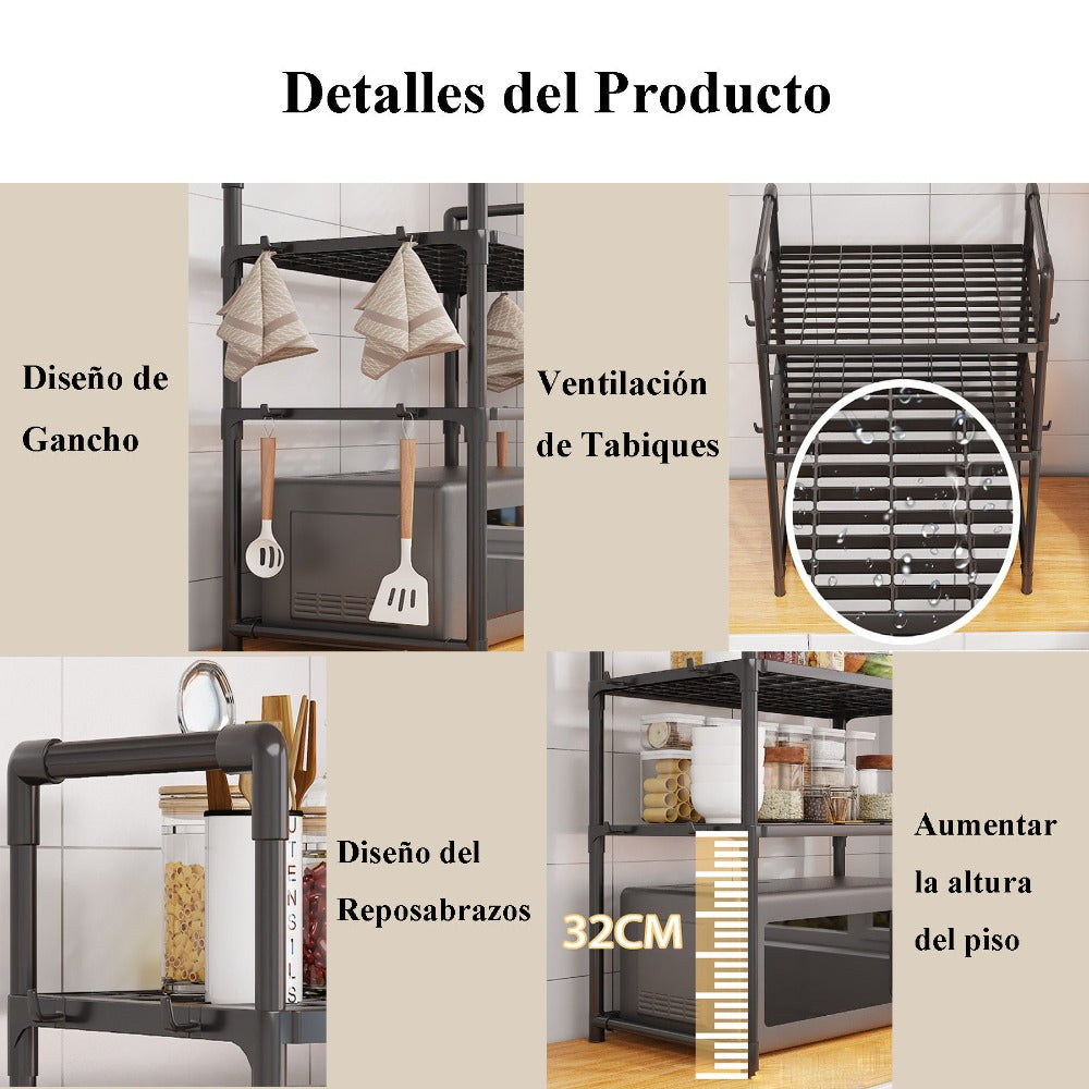 2/3 Niveles Soporte para microondas para encimera, Rejilla Para Horno Microondas Metal, Soporte Para Microondas Y Horno Cocina Con 4/8 Ganchos, Tiendas de condimentos, Adecuado para cocinas (Blanco / Negro)