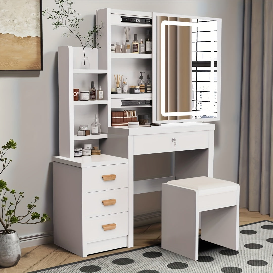 Tocador con espejo de iluminación LED y taburete, 3 modos de iluminación con brillo ajustable, mesa de maquillaje con 4 cajones y 3 estantes de almacenamiento, blanco moderno