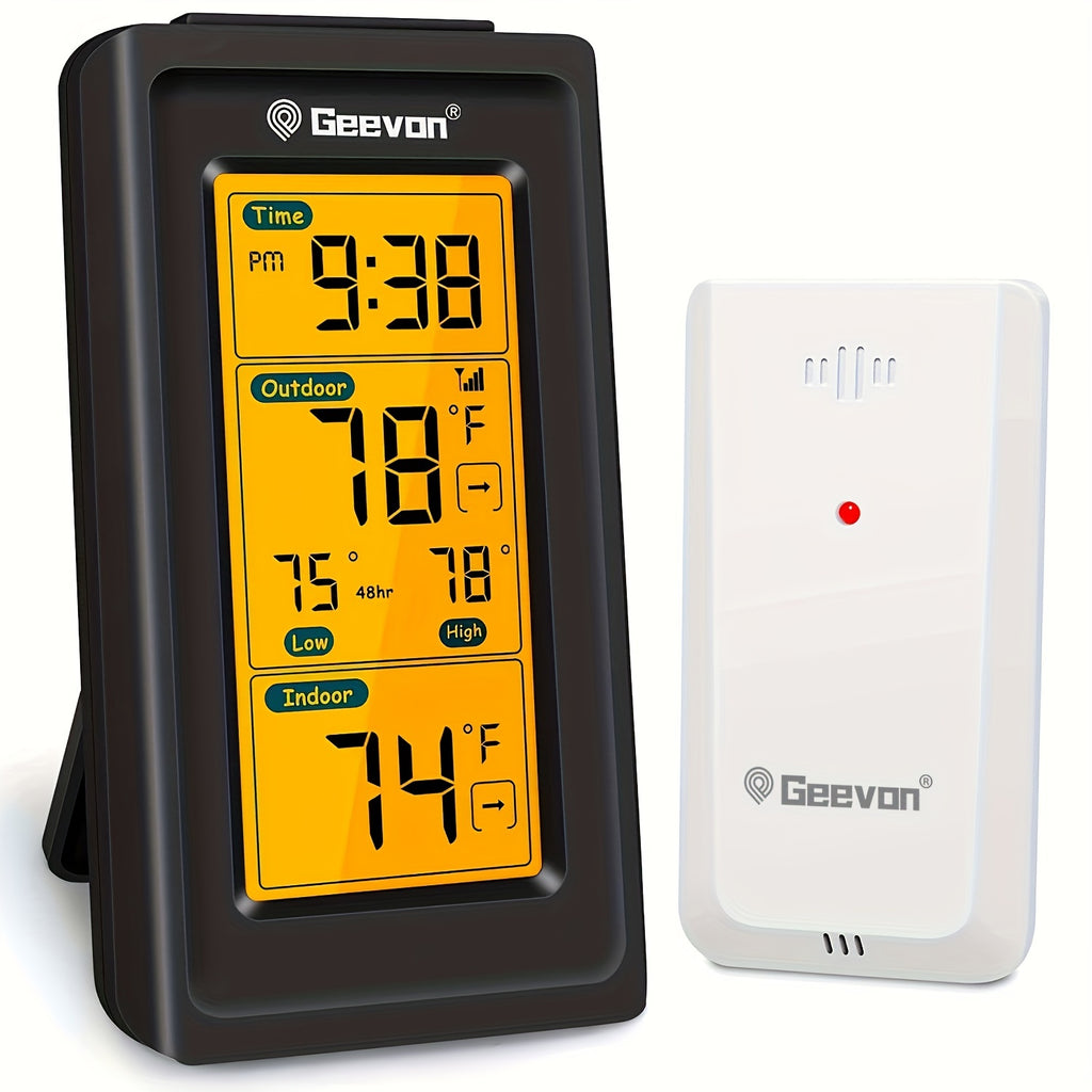 1 pieza GEEVON Medidor de temperatura sin varillas digital para interior y exterior con hora, máxima, mínima, monitor de temperatura con medición de 200 pies/60 m, medidor de temperatura ambiente sin batería, servidor sin función de transmisión