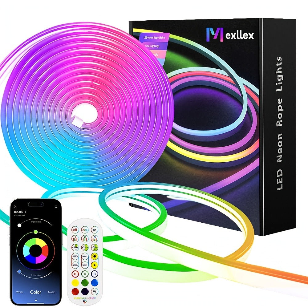 Tira de luz LED neón regulable de 5/10 metros, función, tira de luz neón RGB para juegos con sincronización de música controlada por aplicación, fuente de alimentación estándar europeo, adecuada para uso en interiores, cocina, sala de estar, techo de dorm