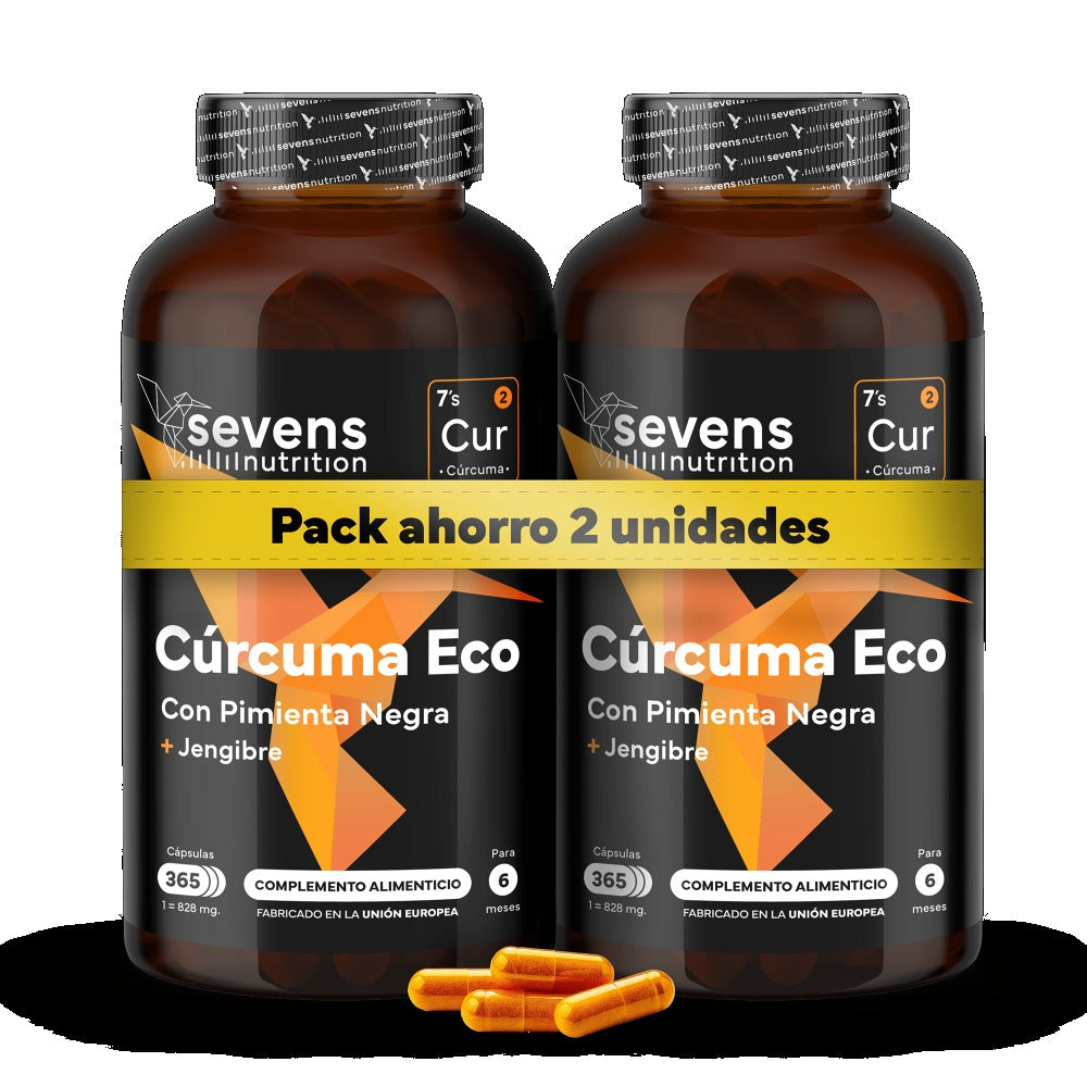 Pack 2x Cúrcuma ECO con Jengibre y Pimienta Negra – 1410 mg por dosis – 730 Cápsulas Veganas – Formato Ahorro XL – Sevens Nutrition