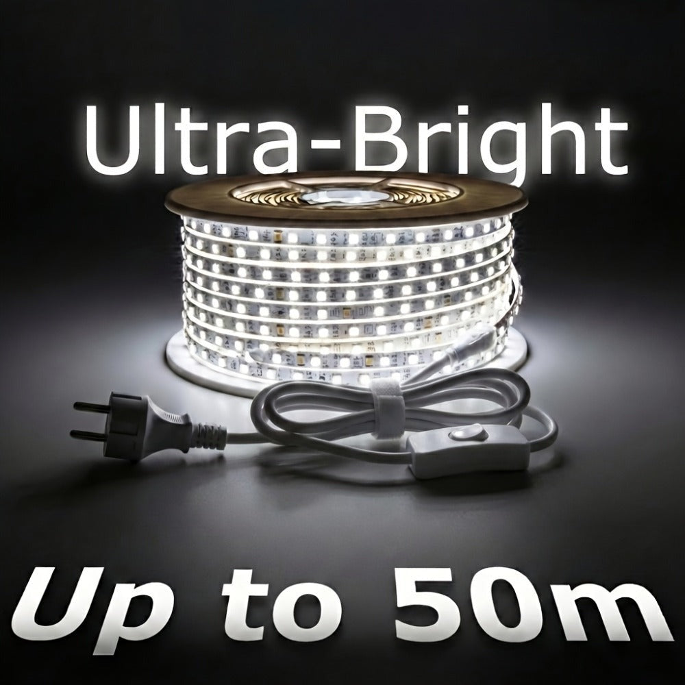 Tiras de luces LED súper brillantes AC 220V 230V | Cinta adhesiva de 120 LED/m, Cinta LED para lámpara exterior, Blanco o Blanco Cálido para cocina, jardín, decoración de habitaciones del hogar, Iluminación interior con enchufe de alimentación europeo | M