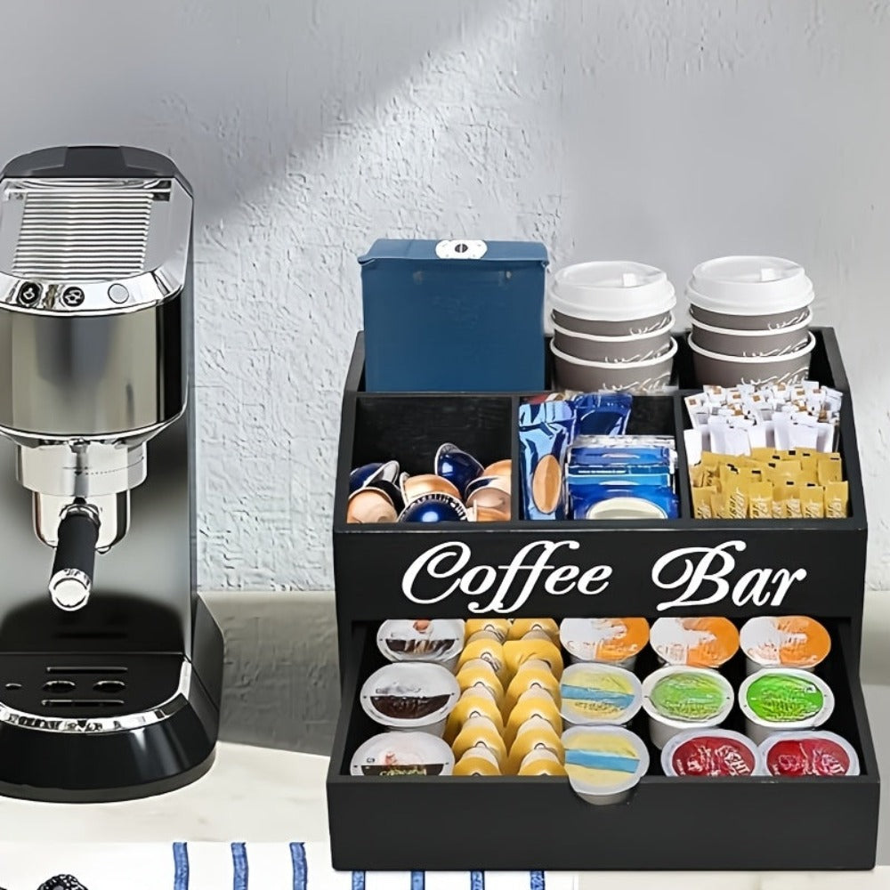 Organizador de barra de café Deluxe Freestable con cajón - Madera, apto para cápsulas de café, suministros de té, sobres de azúcar y cremas | Estación espaciosa para encimera, oficina, cafetería | Organizador de cajón para regalos de Navidad