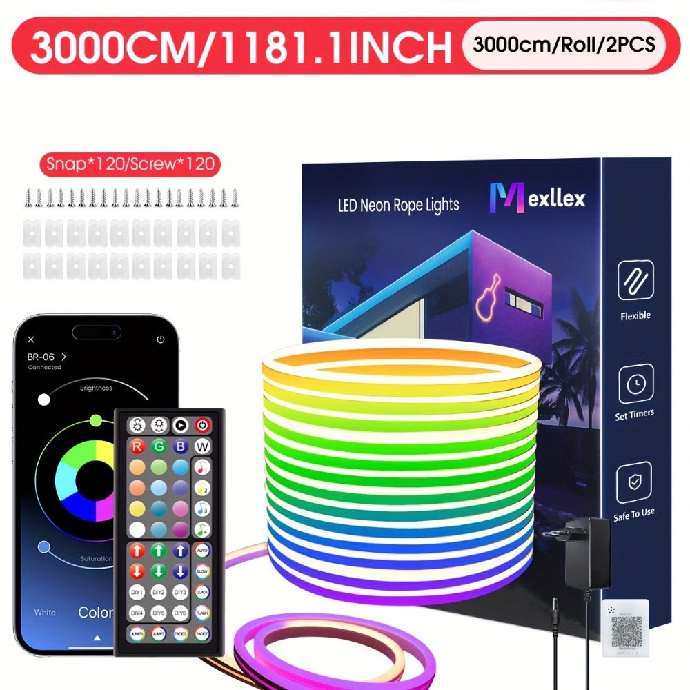 Tira de Luz LED RGB Neon de 30m/20m/15m/10m/5m con Sincronización Musical, Tira Flexible de 24V con Aplicación y Control Remoto, Tira de Luz Exterior IP"67", Ideal para Dormitorio, Habitación y Decoración Exterior