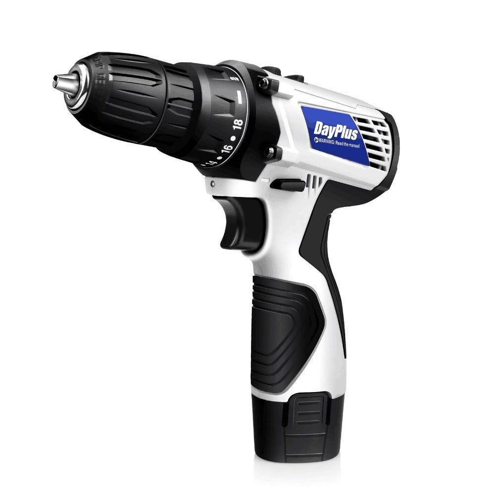 Atornillador Inalámbrico de Poder con 1x O 2x Baterías y 23 Puntas, 18+1 Ajuste de Torque, Taladro Combi de 2 Velocidades, Kit de Taladro con Garfio de 3/8" con Caja de Almacenamiento para Bricolaje en el Hogar, Luz LED para Cemento, Hormigón, Techo, Ladr