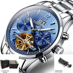 [I&W Carnival] Reloj Mecánico Automático de Lujo para Hombre - Acero Inoxidable, Resistente al Agua (30M), Multifuncional con Indicador de Fecha, Esfera Azul y Fondo Transparente, Regalo Perfecto para Él, Reloj de Lujo para Hombre | Reloj con Marca | Relo