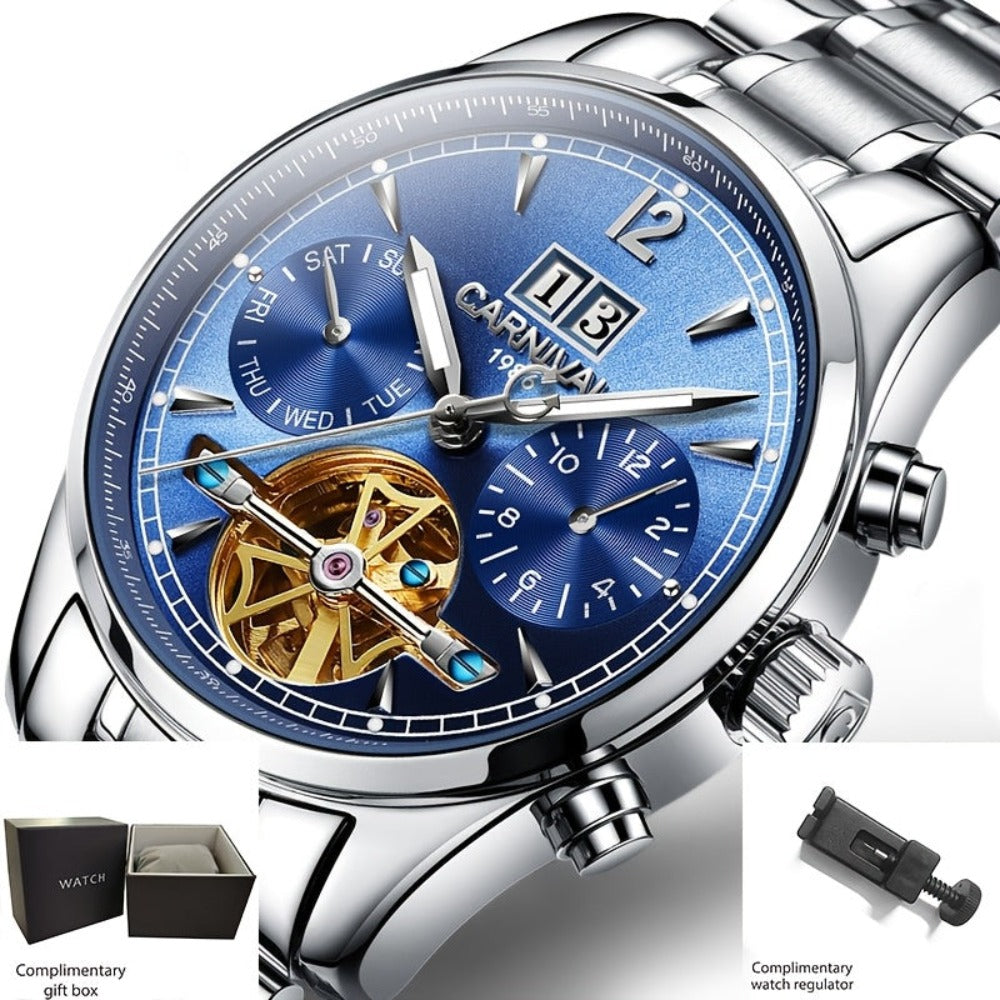 [I&W Carnival] Reloj Mecánico Automático de Lujo para Hombre - Acero Inoxidable, Resistente al Agua (30M), Multifuncional con Indicador de Fecha, Esfera Azul y Fondo Transparente, Regalo Perfecto para Él, Reloj de Lujo para Hombre | Reloj con Marca | Relo