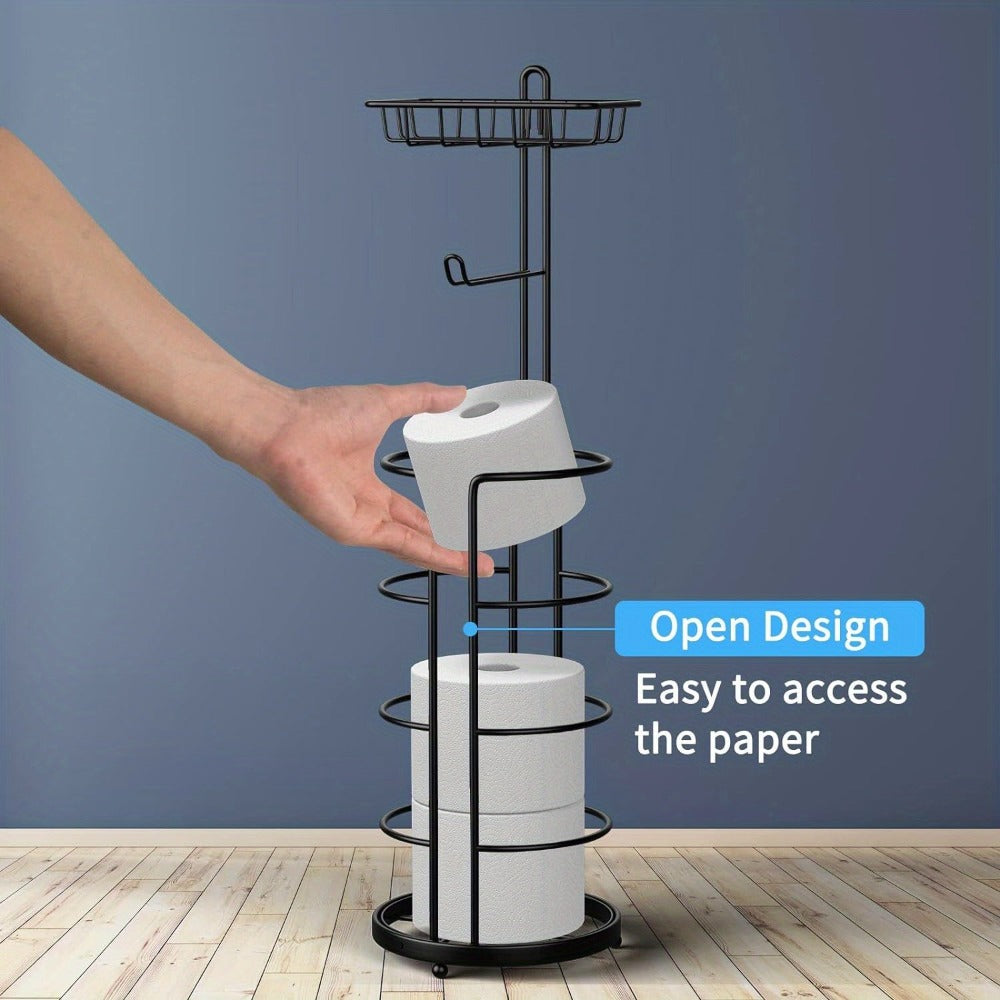 Soporte de Papel Higiénico de Pie Huahong - No Requiere Perforación, Moderno Soporte de Rollo de Papel de Metal - Soporte de Papel Higiénico con Estante - para Rollos Mega/ Teléfono, Negro