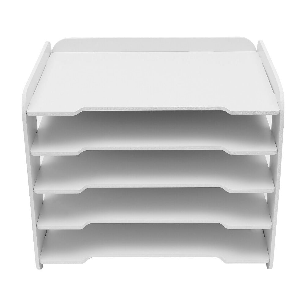 Organizador de bandeja de letras con 5 compartimentos de almacenamiento, bandeja de letras blanca, organizador de papel A4 para escritorio de oficina, bandejas de escritorio blancas con compartimentos, bandejas de papel apilables con construcción de espig