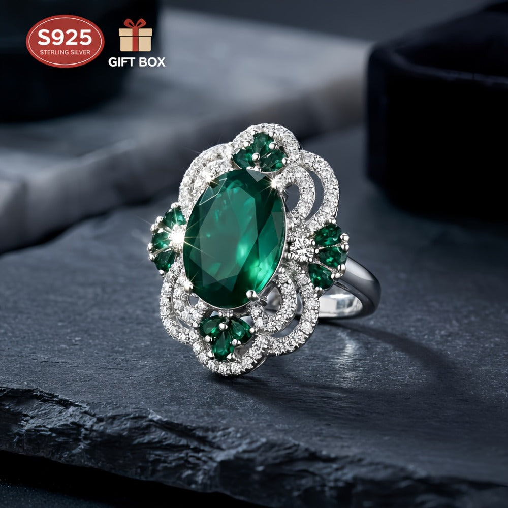 Anillo abierto ajustable para mujer S925, 4 quilates de circonita sintética verde creada en laboratorio, noble y lujoso, adecuado para bodas y banquetes, regalo de San Valentín, con caja de regalo premium