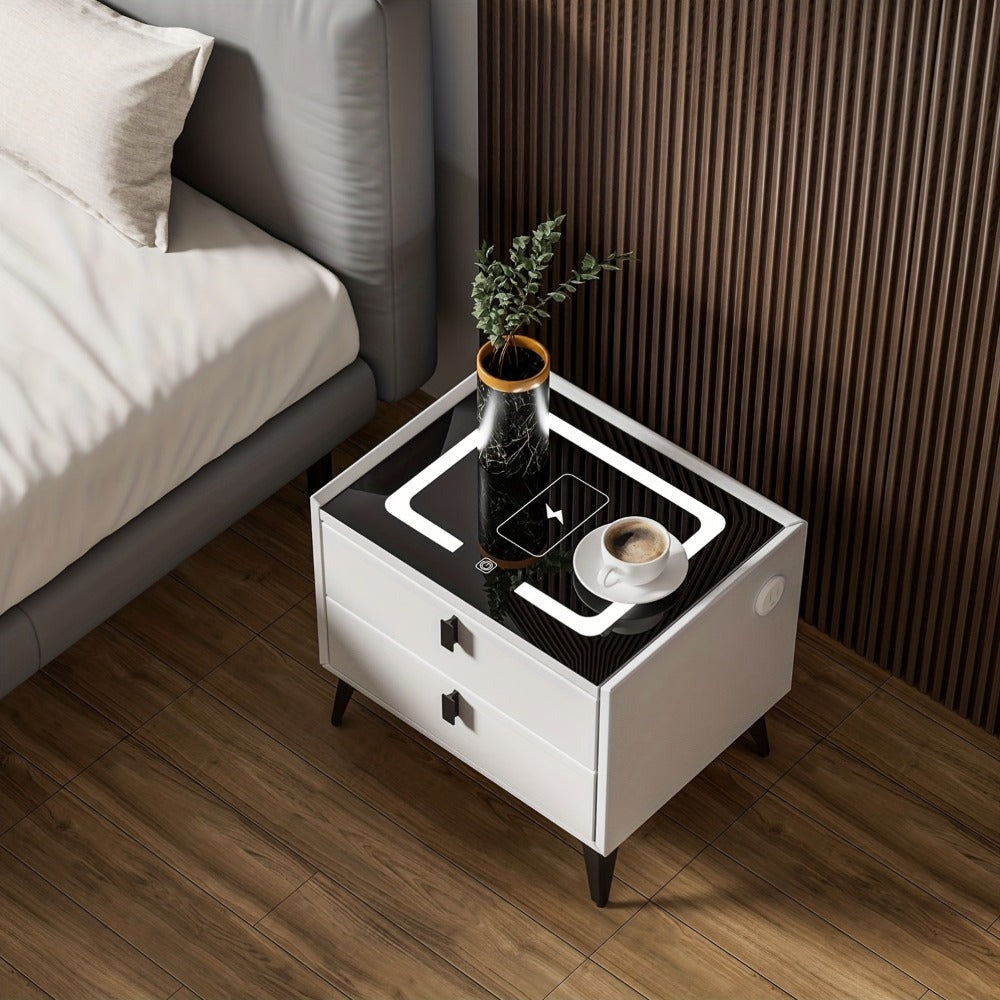 Mesita de noche, organizador de mesita de noche con luz LED, mesita de noche de 2 cajones, cómoda para sala de estar/dormitorio