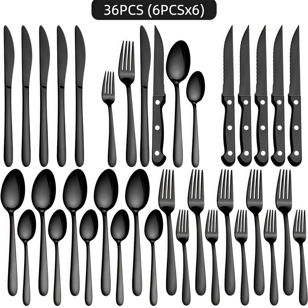 Juego de vajilla de acero inoxidable negro de 36 piezas, vajilla de acero inoxidable de alta calidad, negro brillante, adecuado para 6 personas, juego de cubiertos de cuchillo, tenedor, cuchara, ideal para bodas, fiestas, cumpleaños, restaurantes, apto pa
