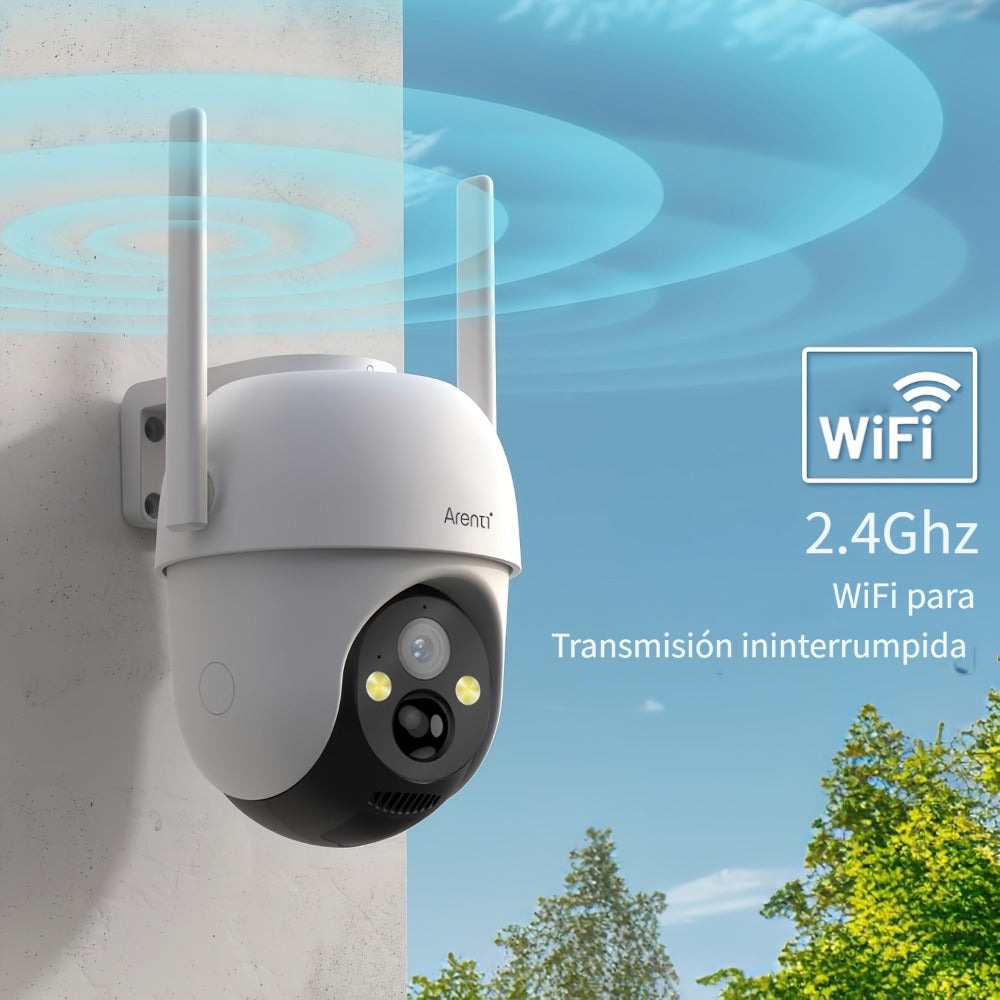 Cámara de seguridad exterior Arenti de 3MP con energía solar, PTZ 360° Pan-Tilt-Zoom, visión nocturna a color, sensor de movimiento PIR, audio bidireccional, foco y alarma de sirena, alta calidad, WiFi inalámbrico, alimentada por batería y USB, grabación