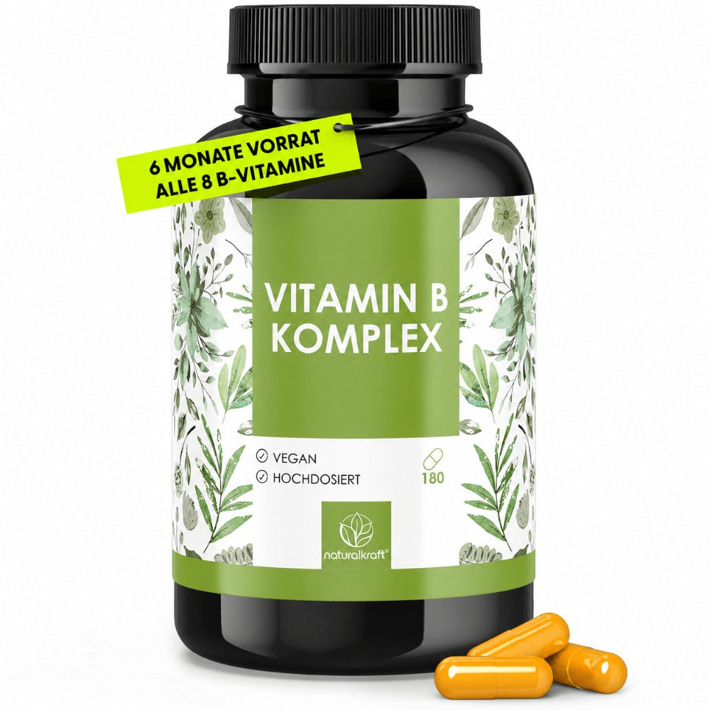 NATURALKRAFT® Complejo de Vitaminas B Premium - 500 Μg de Vitamina B12 y 400 Μg de Ácido Fólico - 8 Vitaminas del Grupo B (B1, B2, B3, B5, B6, B7, B9, B12) para Energía, Sistema Nervioso y Metabolismo - Vegano y Probado en Laboratorio - 180 Cápsulas