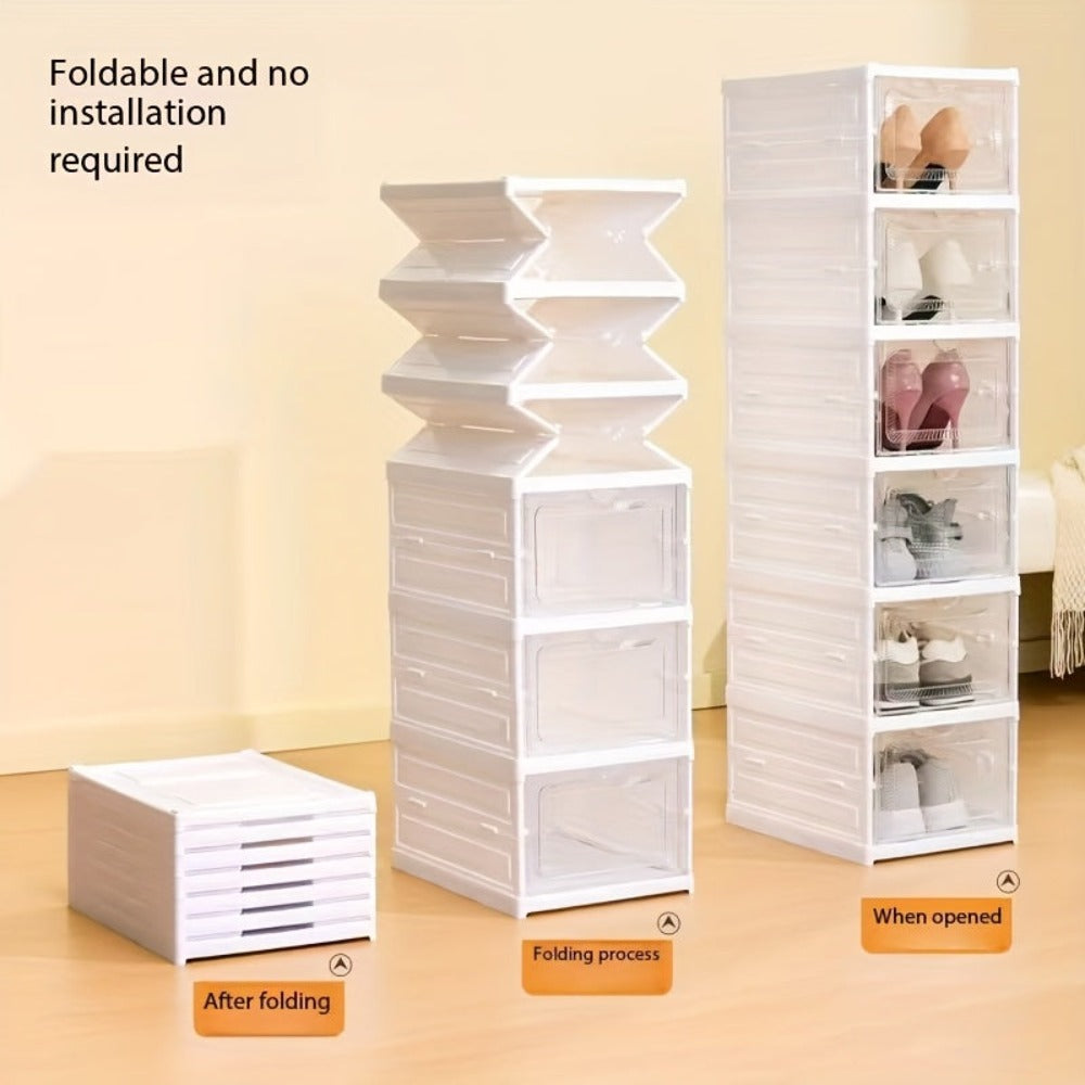 Cajas de zapatos apilables, contenedores de almacenamiento de plástico grueso de 6/9 niveles – Estante de zapatos plegable y abatible con diseño de tapa abatible, no requiere montaje, diseño vertical que ahorra espacio, apto para zapatillas/botas/tacones