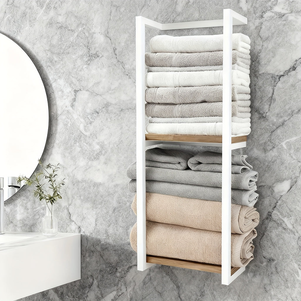 Estante de baño que ahorra espacio - Combo multifuncional de acero/madera, toallero de pared con soporte para artículos esenciales | Almacenamiento compacto para baños pequeños, apartamentos, residencias estudiantiles, toalleros