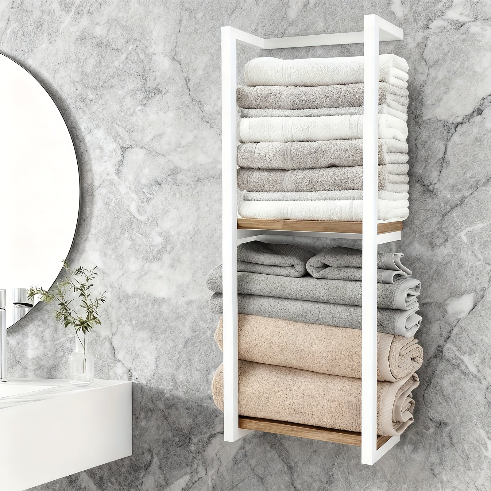 Estante de baño que ahorra espacio - Combo multifuncional de acero/madera, toallero de pared con soporte para artículos esenciales | Almacenamiento compacto para baños pequeños, apartamentos, residencias estudiantiles, toalleros