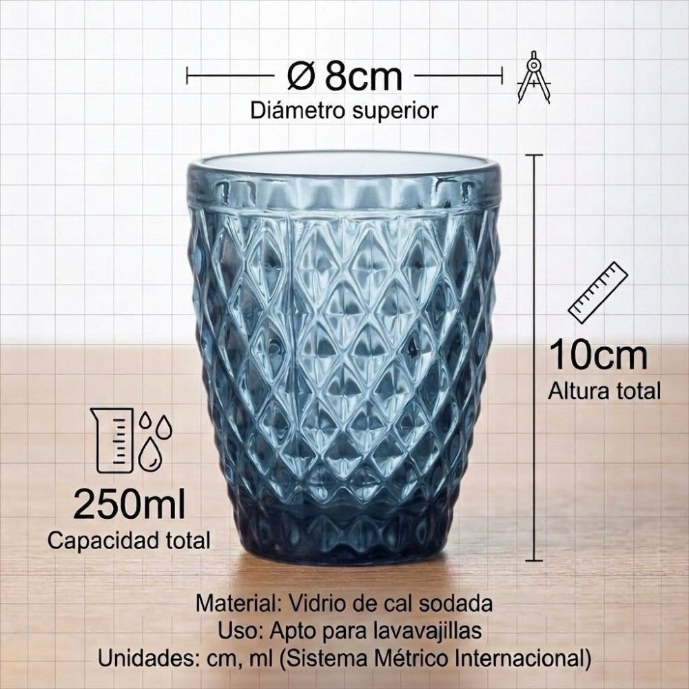 TRESV Set de 6 Vasos de Cristal 250ml | Diseño de Diamante Elegante | Aptos para Lavavajillas | Vidrio Sin Plomo para Agua y Refrescos