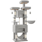 Árbol para Gatos, 176cm, Tamaño XL con 3 Plataformas, 2 Cuevas, 7 Postes Rascadores, Hamaca y Pelota de Felpa – Ideal para Familias de Gatos en Gris Claro/Gris Oscuro Beige, Torre de Escalada para Mascotas, Enriquecimiento Felino, Árbol Ahorra Espacio, Mu