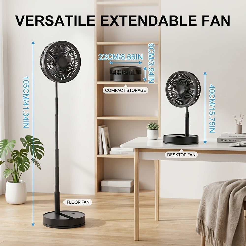 Ventilador de pedestal portátil plegable 2 en 1, recargable por USB-C con control remoto, 4 velocidades, oscilación de 70°, temporizador, inclinación ajustable, para hogar, dormitorio, oficina, viajes