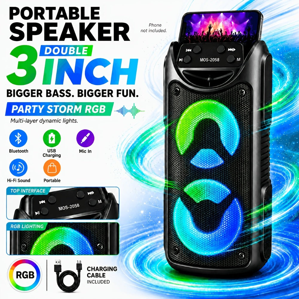 Altavoz inalámbrico portátil para fiestas con altavoces duales de 3 pulgadas, bajos profundos potentes, radio FM, luces ambientales LED y micrófono incorporado, altavoz de exterior de alto volumen para fiestas de verano, barbacoas en el jardín, camping, v