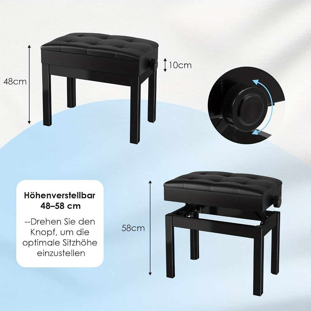 Banco para instrumento de teclado, Banco para piano, Altura ajustable 48-58 cm, Banco para piano con espacio de almacenamiento, Cojín de cuero sintético, Capacidad de carga hasta 150 kg, Banco multifuncional, Se puede utilizar como taburete de vestir, tab