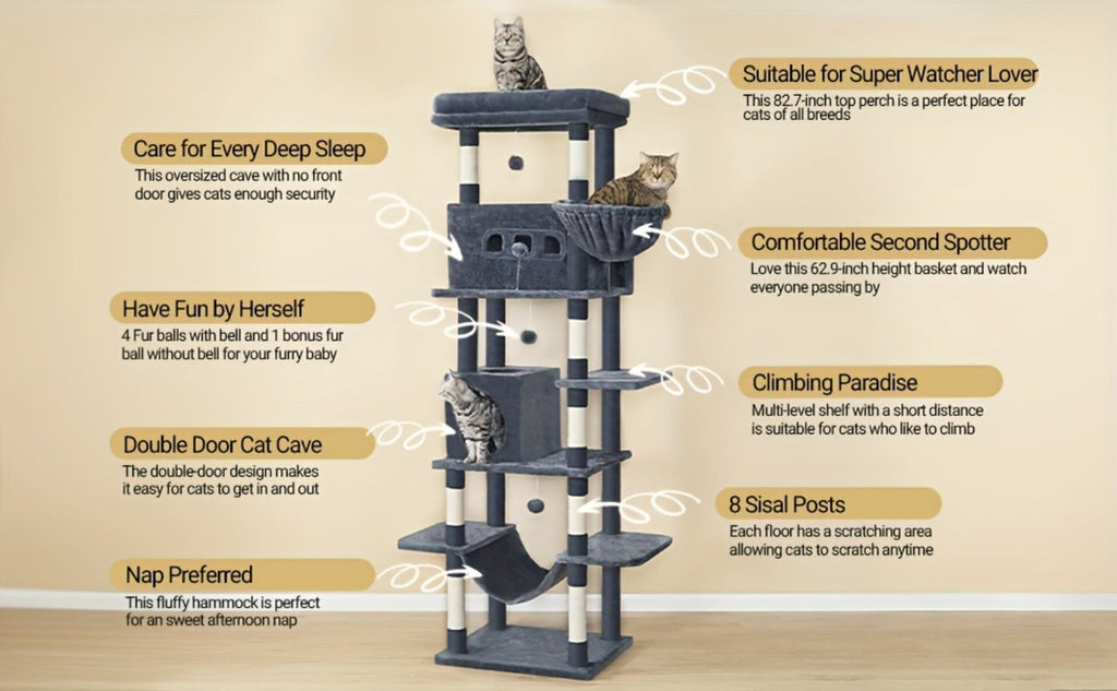 Árbol para gatos extra alto de 210 cm con 8 postes rascadores y 2 cuevas - Muebles para gatos de múltiples niveles de alta resistencia, tapete lavable, hamaca y pelotas de felpa - Torre para gatos grande con base resistente