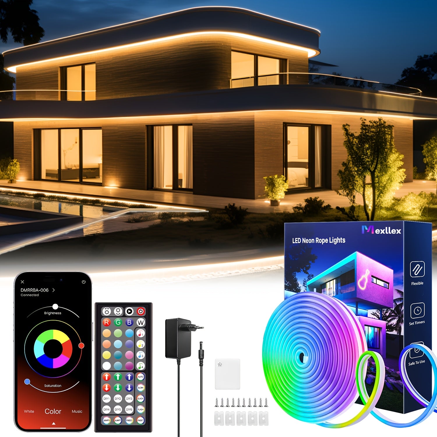 Tira de luz LED neón de 5M/10M/15M/20M/30M, 24V, control remoto/aplicación, tira de luz RGB flexible, IP67, ideal para dormitorio, habitación y decoración exterior