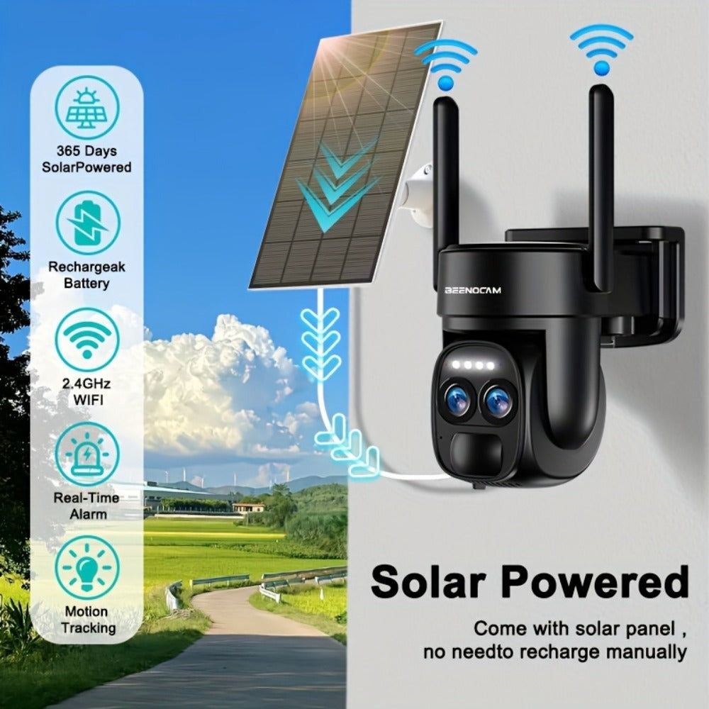 [10X Zoom] Cámara CCTV de bajo consumo con panel solar, batería, 360 grados, 2K FHD, Wifi, con alarme de foco, detección de movimiento, visión nocturna a color y audio bidireccional