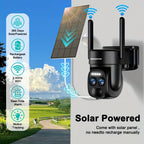 [10X Zoom] Cámara CCTV de bajo consumo con panel solar, batería, 360 grados, 2K FHD, Wifi, con alarme de foco, detección de movimiento, visión nocturna a color y audio bidireccional