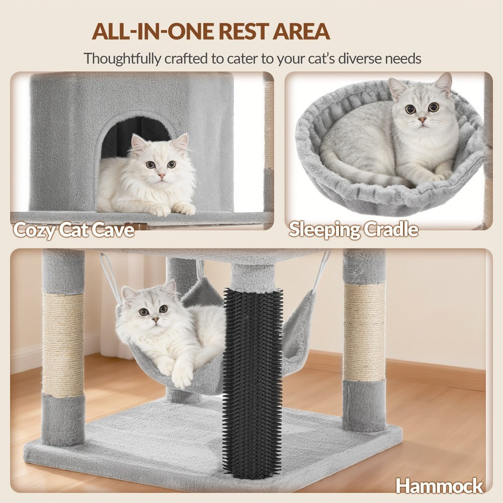 Árbol para gatos de 220 cm de varias capas con 3 casitas para gatos, 3 plataformas, 3 hamacas, 8 postes de sisal, 1 bola de pelo y 1 cuerda de sisal