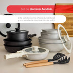 Bergner Click&Cook Batería de cocina 10 Pzs Mango extraíble, 3 Sartenes, 2 Cazos, Tapas y Utensilios Aluminio revestimiento antiadherente