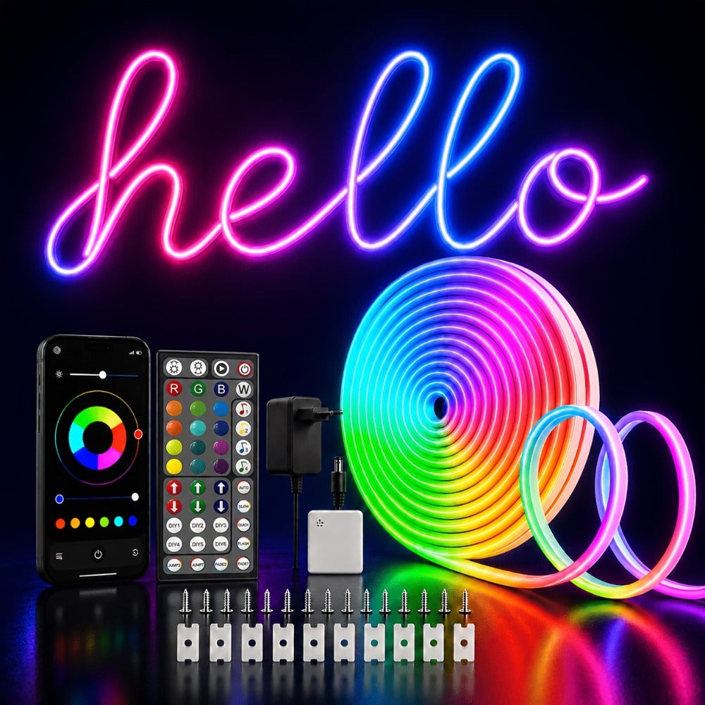 Tira de luz neón RGB de 5M/10M/20M con colores a través de la aplicación, control remoto, configuración de temporizador, flexible y cortable, y modo de ritmo musical, perfecta para la decoración de iluminación de escenarios, regalo