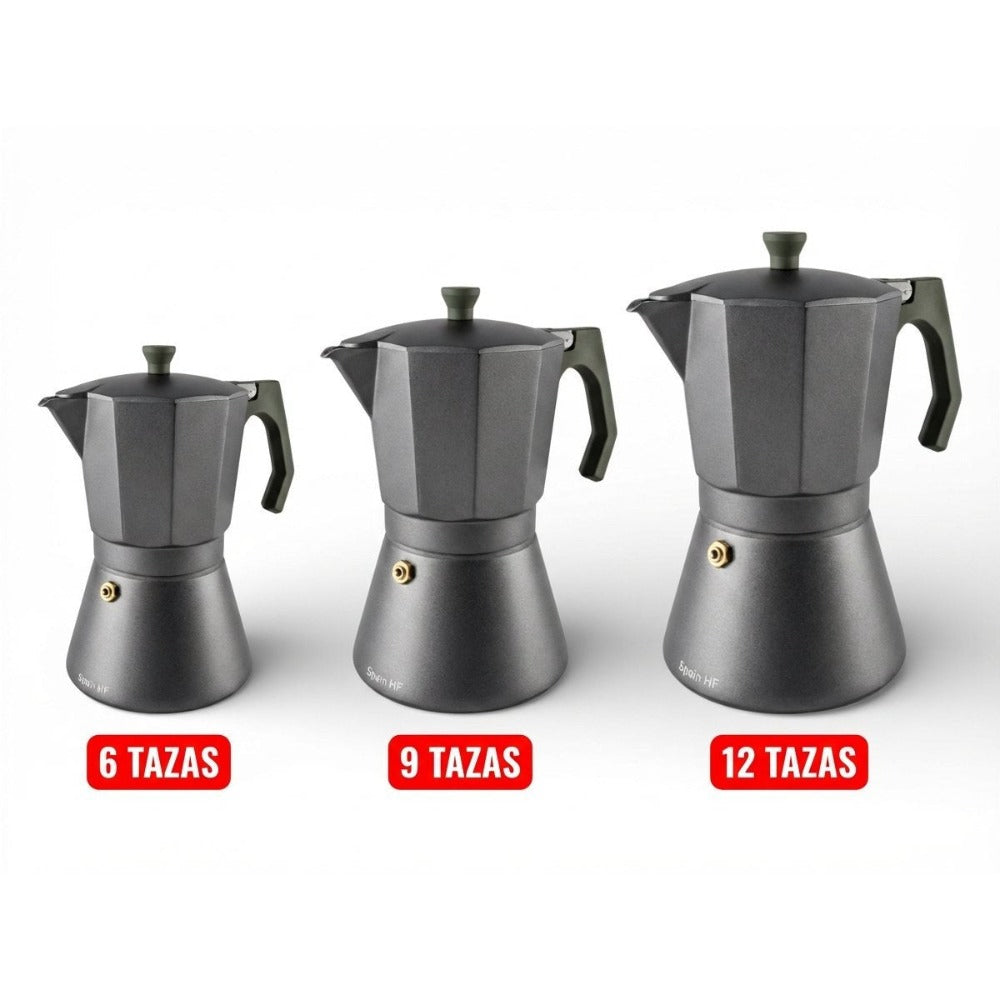 Cafetera Italiana Espresso de Aluminio para Inducción Vitro Gas Eléctrica. Cafetera de distintos tamaños 6/9/12 Tazas - Happy Friends