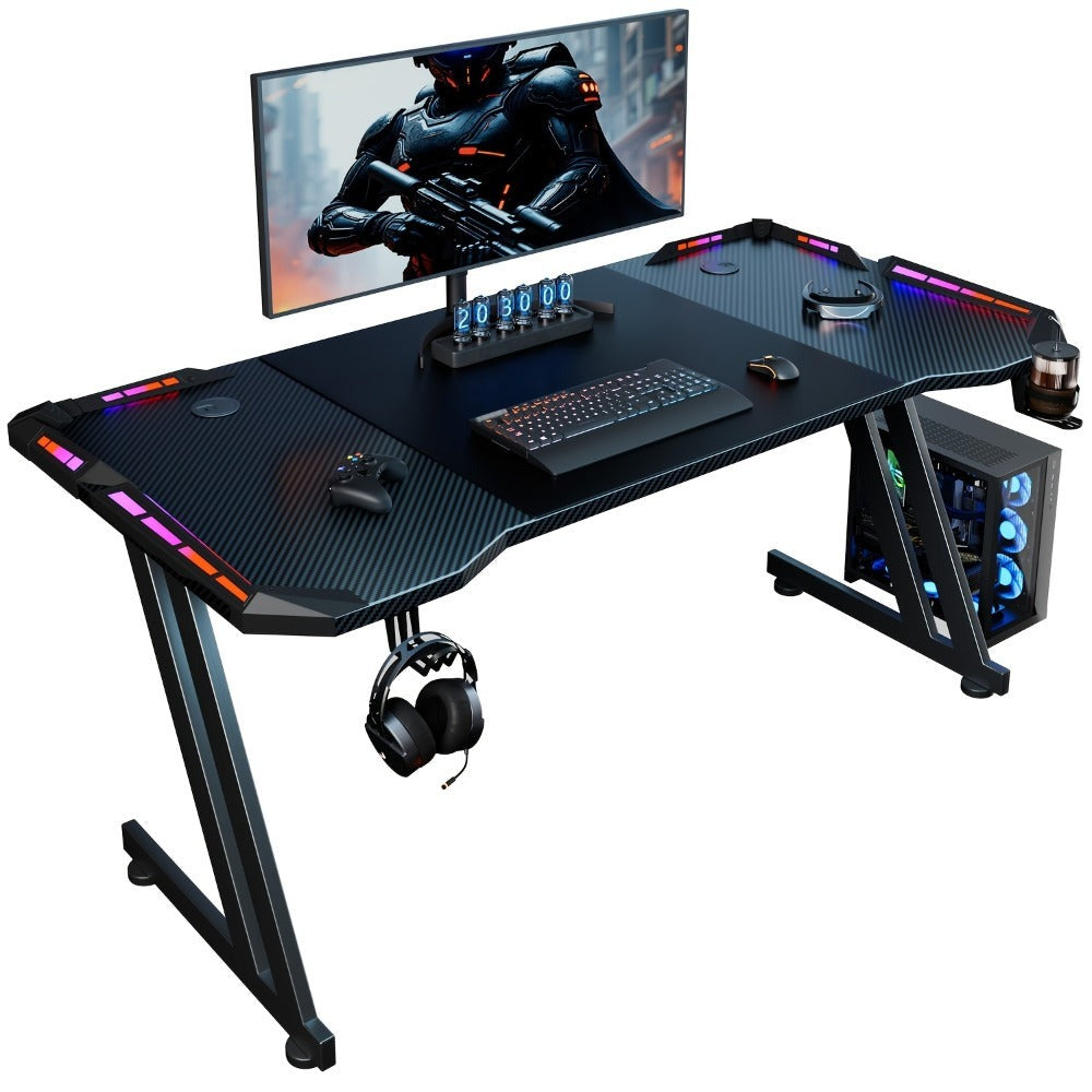 Escritorio de oficina para ordenador con LED y patas en forma de Z, escritorio gaming grande de fibra de carbono, estación de trabajo resistente para oficina en casa, escritorio para ordenador con alfombrilla para ratón, portavasos y soporte para auricula