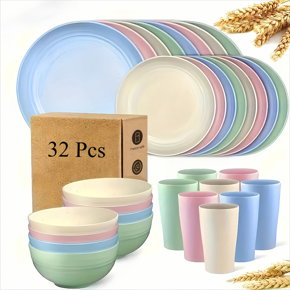 Juego de vajilla duradero de 32/16 piezas de paja de trigo - Apto para microondas y lavavajillas - Platos, cuencos y tazas reutilizables - ¡Perfecto para uso diario!