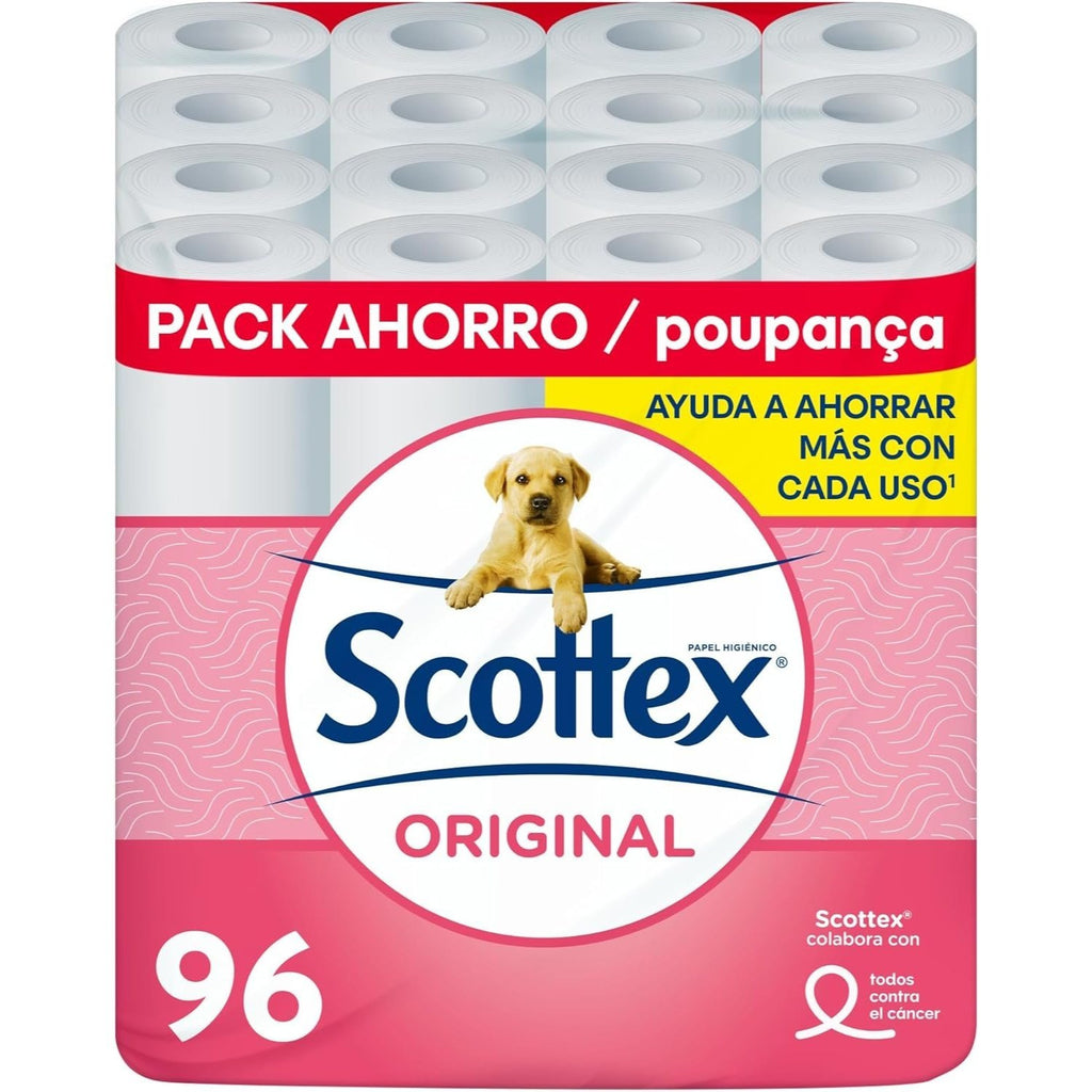 Scottex Original Papel Higiénico, 96 Rollos, 16 Rollos por Paquete, Doble Capa para Máxima Suavidad y Equilibrio