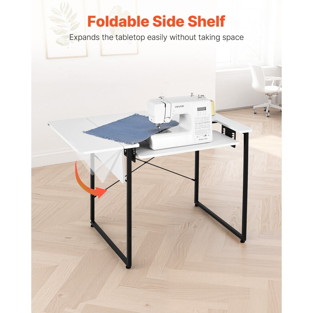 Mesa de Costura VEVOR, Mesa Multiusos para Máquina de Coser con Estante Lateral Plegable, Estante Ajustable, Patas de Acero, Escritorio para Computadora en Hogar, Estudio de Moda, Estudio de Arte, Institución Educativa, Blanco