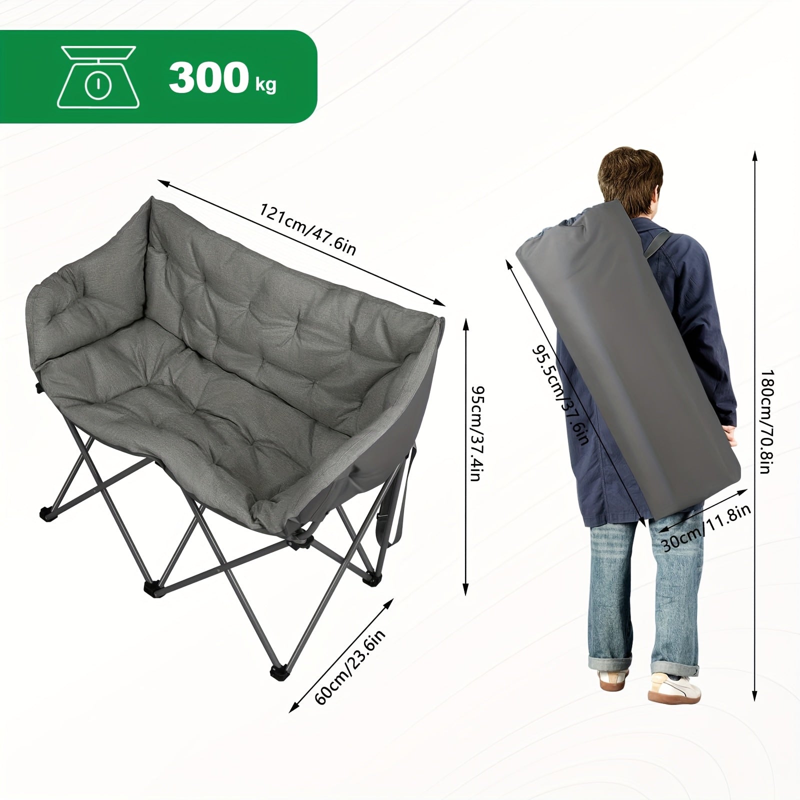 Silla de camping plegable doble con almohadilla suave y espesa, silla de descanso de alta carga para patio y balcón, silla de ocio de gran carga de 220 kg, portátil, adecuada para camping en patio, camping, piscina al aire libre.