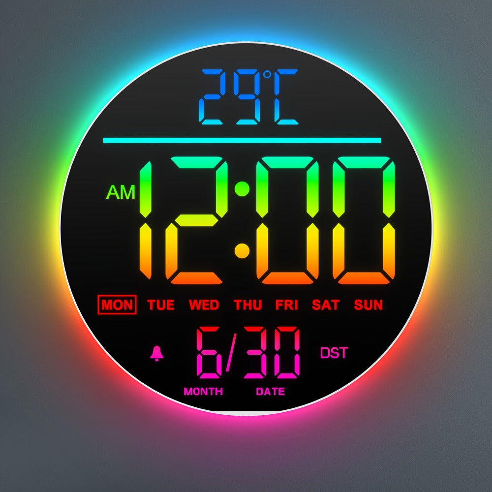 Reloj de pared digital grande de 25.4cm | Con pantalla LED grande, temporizador de cuenta regresiva de alarma, color RGB, DST automático, batería de respaldo preestablecida, control remoto, brillo de 5 niveles, campana musical, marco de plástico espejado