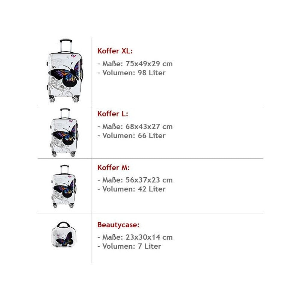 MONZANA® 4x Maletas de Viaje Butterfly Equipaje 42L 66L 98L y Neceser 4 Ruedas 360° Cierre Combinación